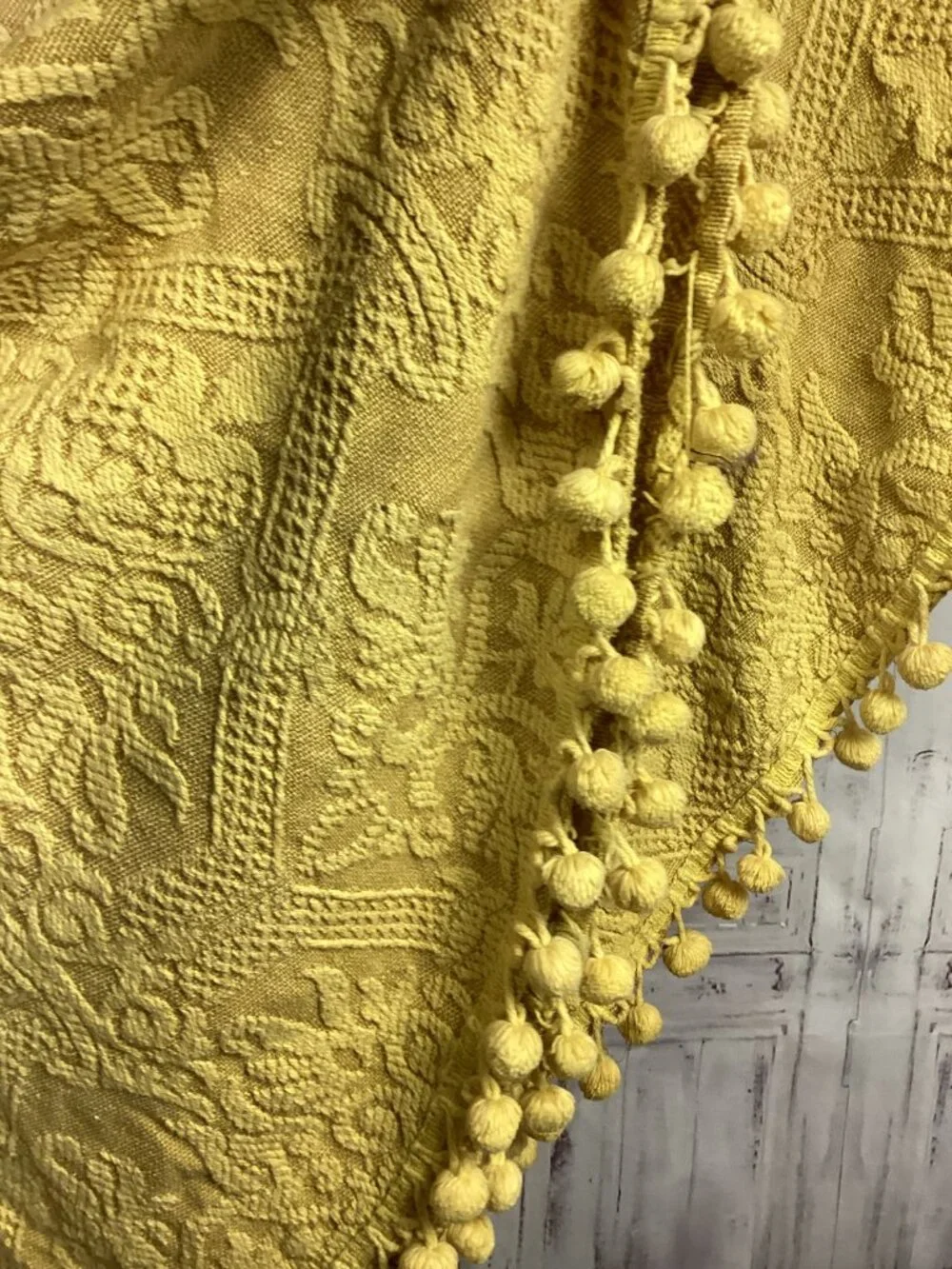 Vintage 70s Yellow Oval Throw with Pom Trim